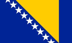 Flag of Bosnia and Herzegovina: blue field with a yellow right triangle and a diagonal row of white stars.