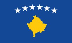 Flag of Kosovo: blue field with a yellow map of Kosovo and six white stars in an arc above.